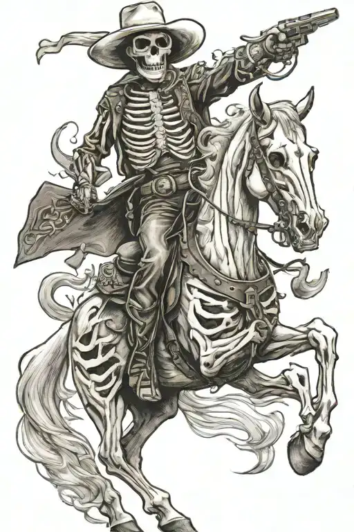 skeleton cowboy, skeleton horse, fire tattoo design idea