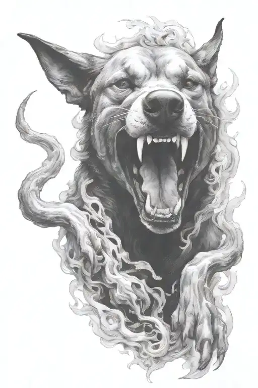 hell hound, smoke, vicious, fire tattoo design idea