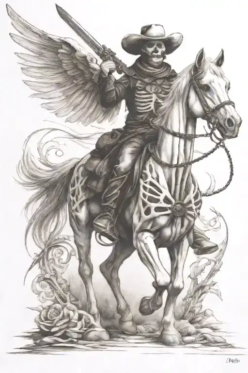 skeleton cowboy, skeleton horse, caspian sword  tattoo design idea