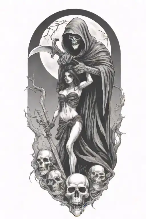 Grim Reaper and a woman, scythe tattoo design idea