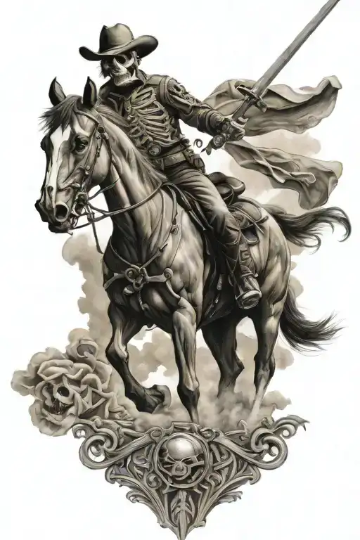 skeleton cowboy, skeleton horse, caspian sword  tattoo design idea