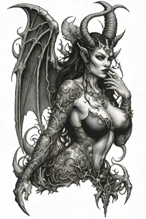 Succubus, seductive, large breasted, lingerie, tattooed, full body, standing, large horns, thorns tattoo design idea