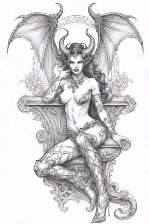 succubus, seductive, full body, attractive woman, sexual position, armour tattoo design idea