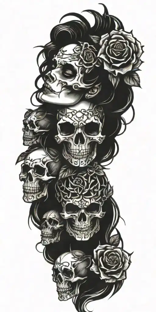 succubus, thorns, smoke, skulls, roses tattoo design idea