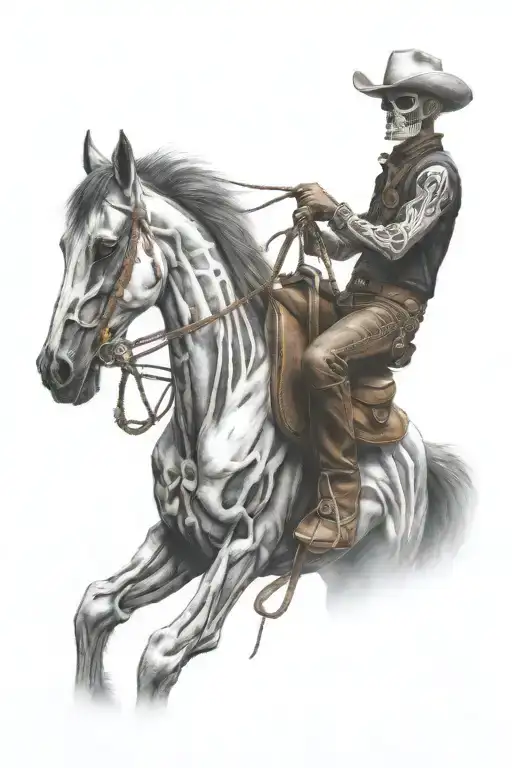skeleton cowboy, skeleton horse, black and white, detailed tattoo design idea