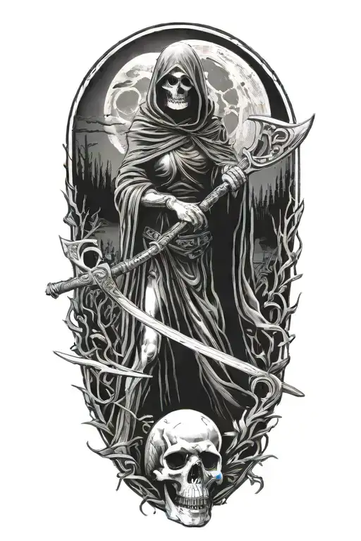Grim Reaper and a woman, scythe tattoo design idea