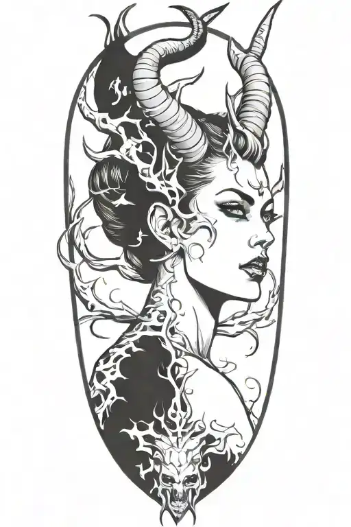 succubus, smoke, thorns, seductive, attractive woman, horns tattoo design idea