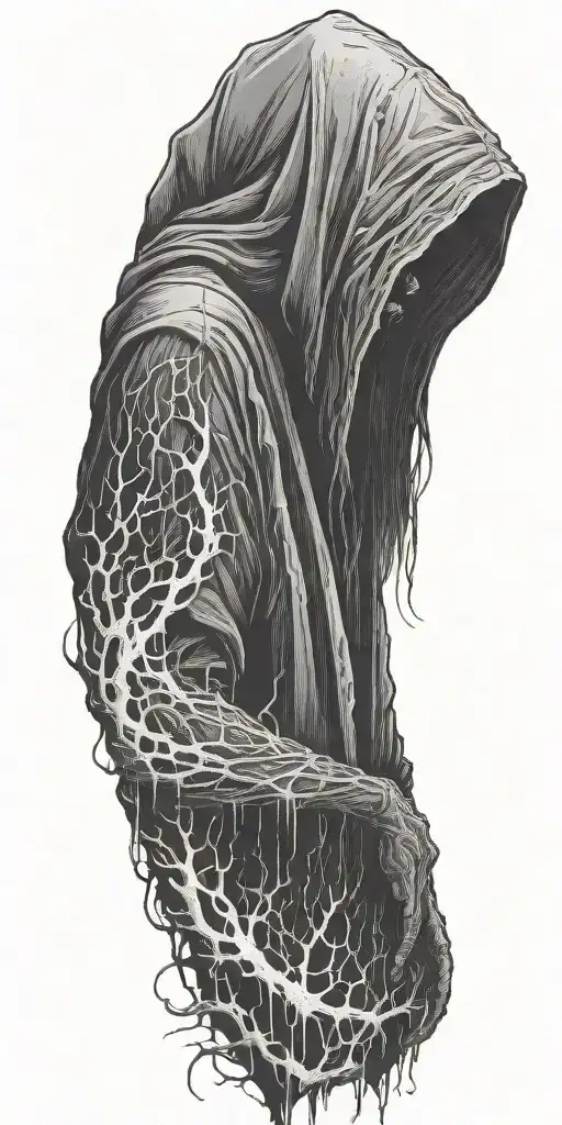 hooded reaper silohuette, smoke, fire, scary, bat wings, thorns tattoo design idea