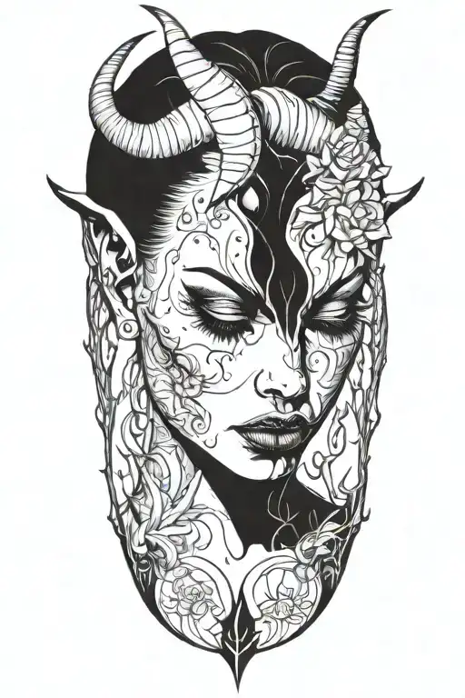 succubus, smoke, thorns, seductive, attractive woman, horns, symetrical, crying, tears, smoke tattoo design idea