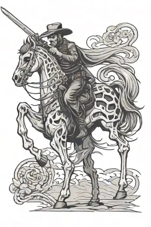 skeleton cowboy, skeleton horse, sword drawn tattoo design idea