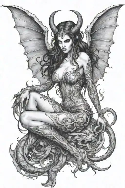 succubus, full body, attractive woman, seductive, sexual stance  tattoo design idea