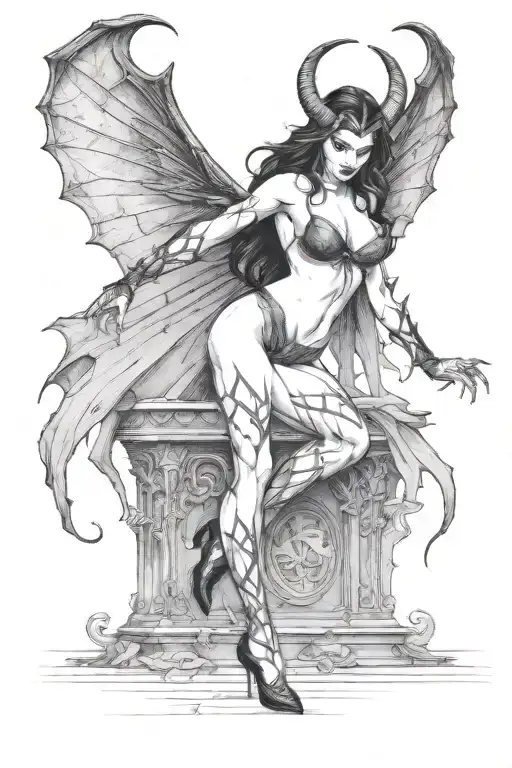 succubus, standing, heels, batwings, large breasted, laced clothing, attractive woman, large horns, seductive, togue out tattoo design idea