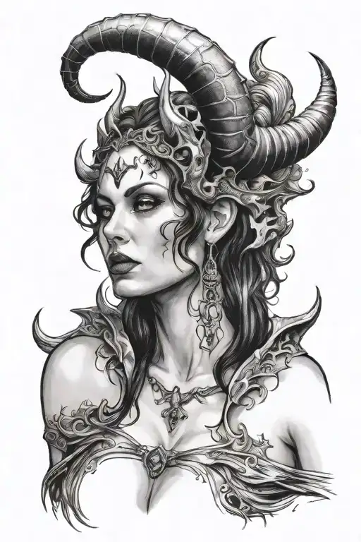 succubus, large breasted, attractive woman, small horns, symetrical horns tattoo design idea