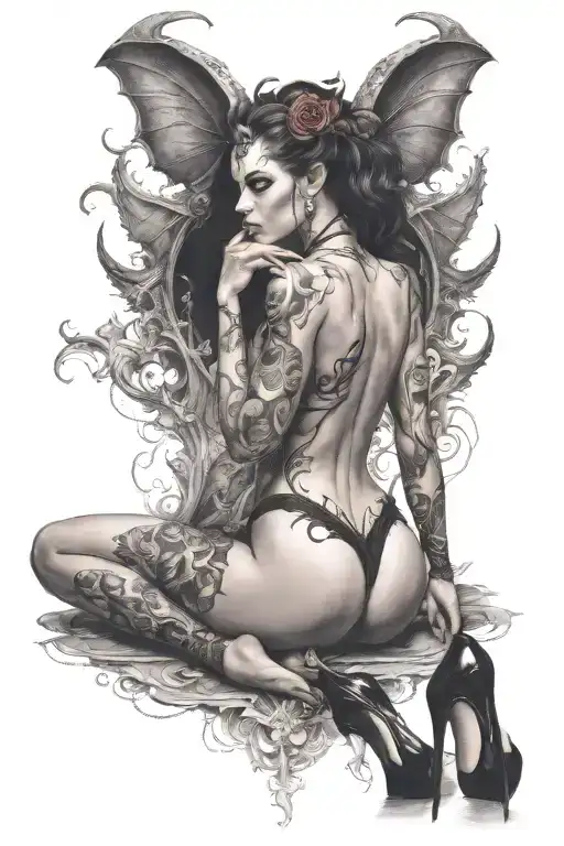 succubus, back and shoulders, sexual, ful body, high heels, spread legs tattoo design idea