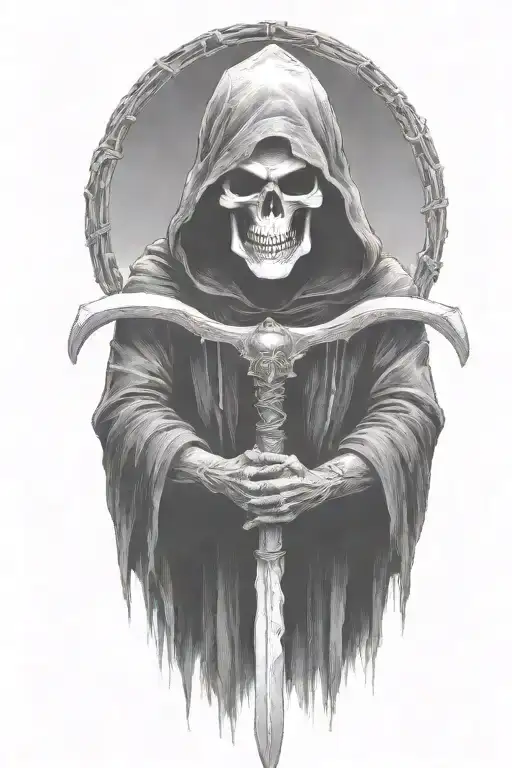 hooded Reaper, darkness,, scary, holding a scythe, blade tattoo design idea