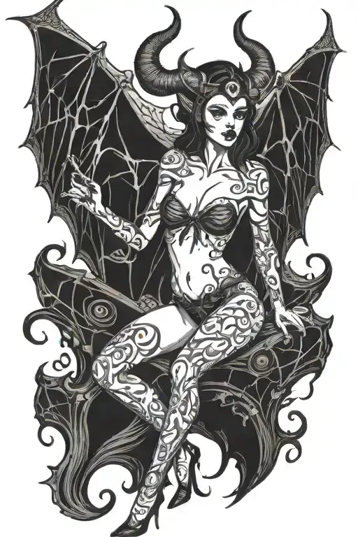 succubus, standing, heels, batwings, large breasted, laced clothing, attractive woman, large horns tattoo design idea