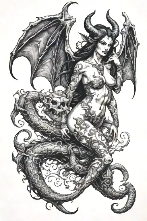 succubus, full body, tattooed, large breasted, attractive woman, large twisted horns, demoness, seductive, detailed tattoo design idea