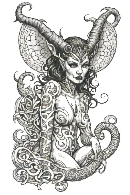succubus, seductive, nude, twisted horns, full body, detailed  tattoo design idea
