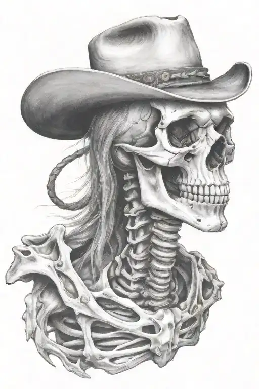 skeleton cowboy, skeleton horse, black and white, detailed, bones, horse skull, no skin, smiling tattoo design idea