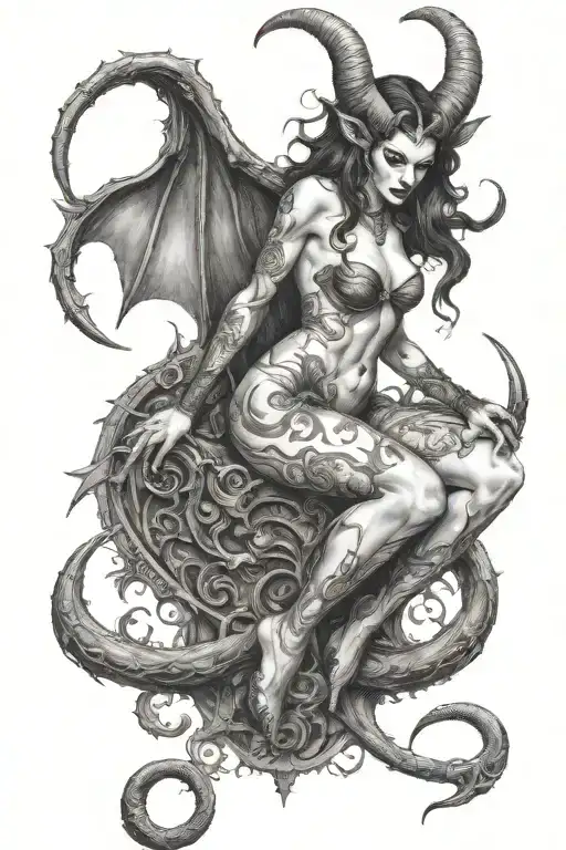 succubus, full body, tattooed, large breasted, attractive woman, large twisted horns, demoness, seductive, heels tattoo design idea