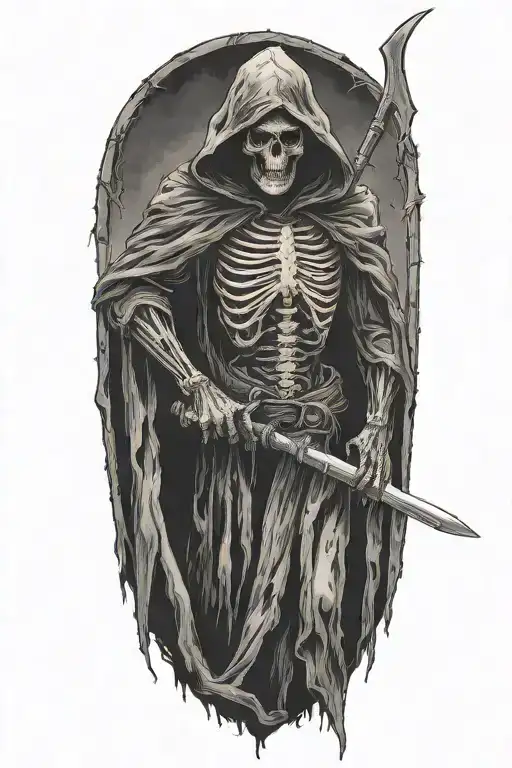 hooded Reaper, darkness,, scary, holding a scythe, blade tattoo design idea