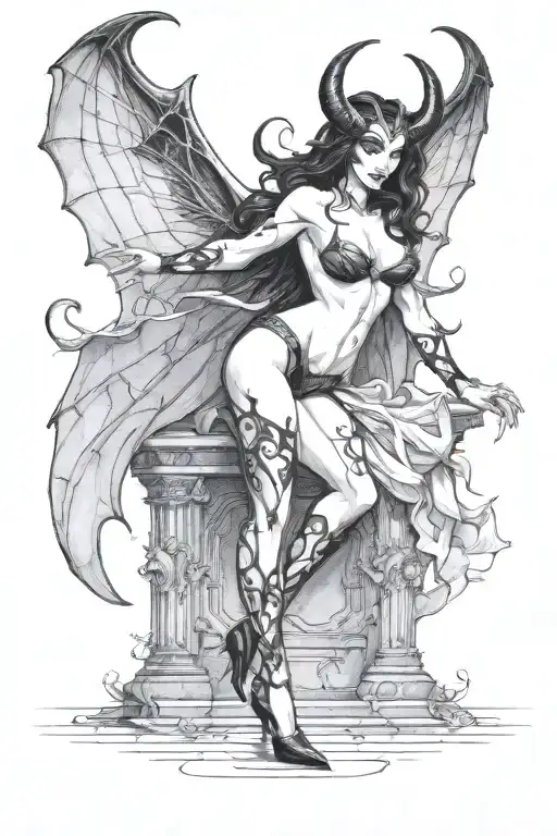 succubus, standing, heels, batwings, large breasted, laced clothing, attractive woman, large horns, seductive, togue out tattoo design idea