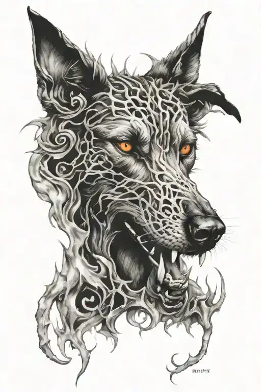 hell hound, smoke, vicious, fire, thorns tattoo design idea