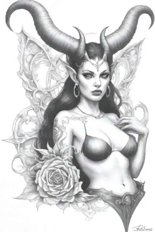 succubus, large breasted, attractive woman, small horns, symetrical horns tattoo design idea