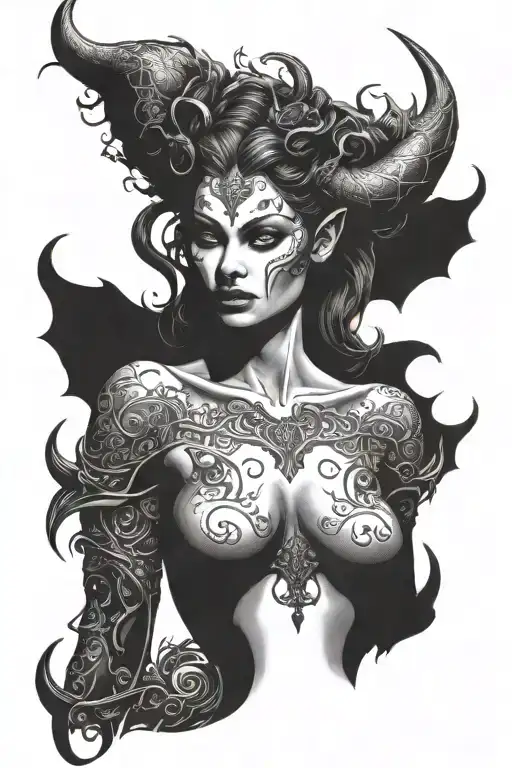 succubus, full body, silohuette, large horns, smiling, seductive, symetrical tattoo design idea