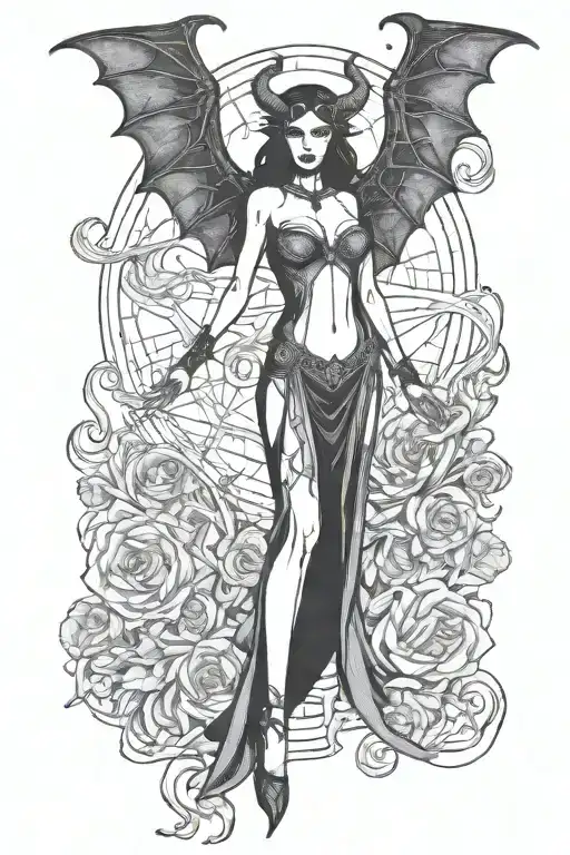 succubus, standing, heels, batwings, large breasted, laced clothing, attractive woman, large horns tattoo design idea
