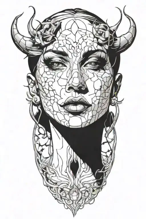 succubus, smoke, thorns, seductive, attractive woman, horns, symetrical, crying, tears, smoke tattoo design idea