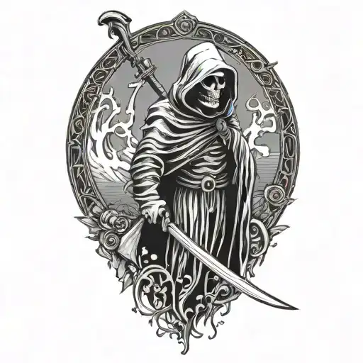 grim reaper, hooded with large scythe  tattoo design idea