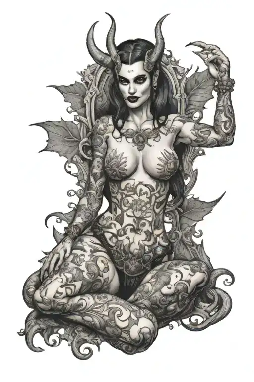 Succubus, seductive, large breasted, lingerie, tattooed, full body, standing tattoo design idea