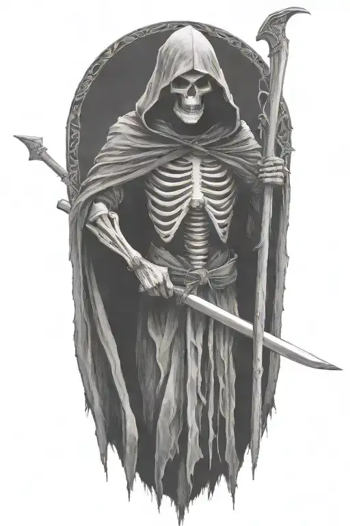hooded Reaper, darkness,, scary, holding a scythe, blade tattoo design idea