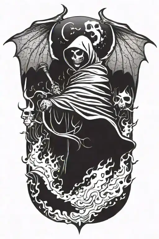 hooded reaper silohuette, smoke, fire, scary, bat wings tattoo design idea