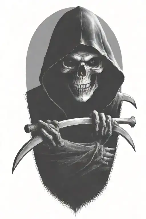hooded Reaper, darkness,, scary, holding a scythe, blade tattoo design idea