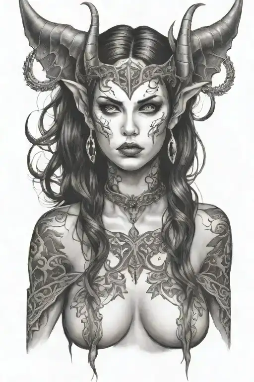 succubus, attractive woman, face, seductive tattoo design idea