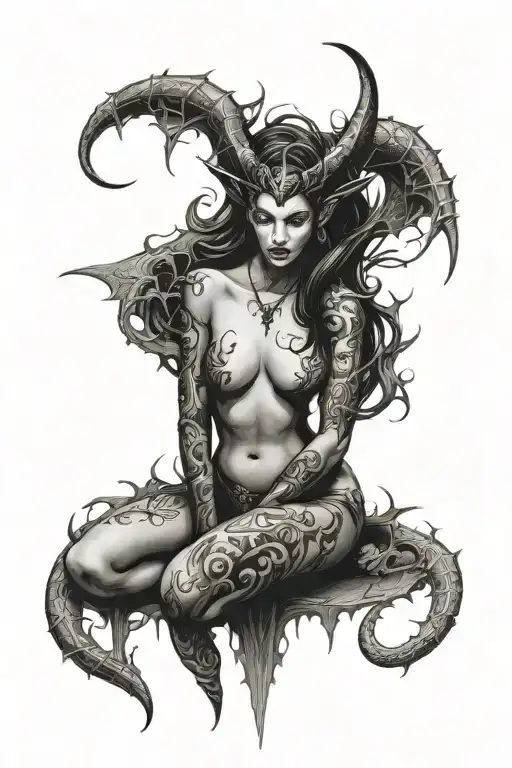 succubus, full body, seductive, large breasted, thorns tattoo design idea