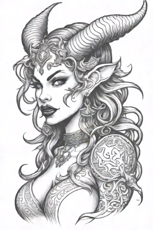 succubus, seductive, tongue out, sexual, large breasted, attractive woman, demoness, twisted horns tattoo design idea