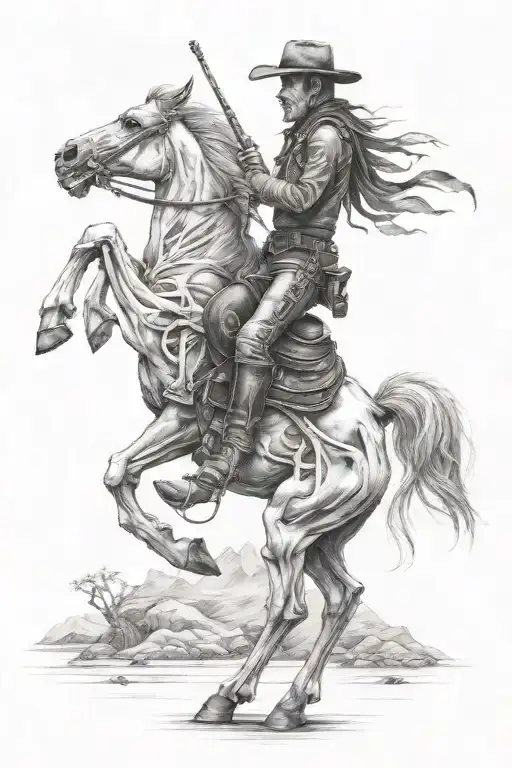 skeleton cowboy, skeleton horse, black and white, detailed, bones tattoo design idea
