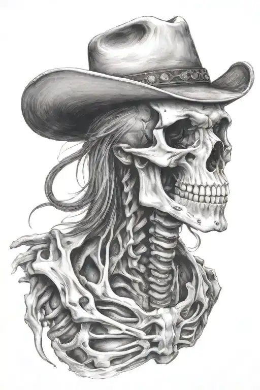 skeleton cowboy, skeleton horse, black and white, detailed, bones, horse skull, no skin, smiling tattoo design idea