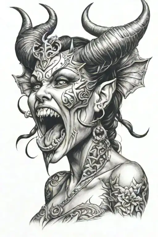 demoness, seductive tongue out,   tattoo design idea