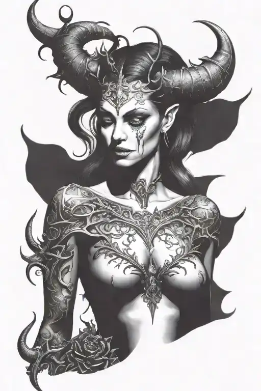 succubus, full body, silohuette, large horns, smiling, seductive, symetrical, thorns tattoo design idea