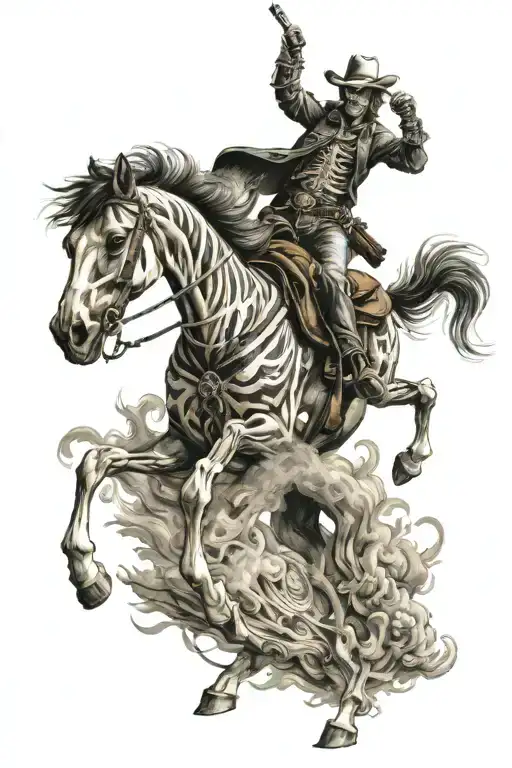 skeleton cowboy, smoking, skeleton horse, running tattoo design idea