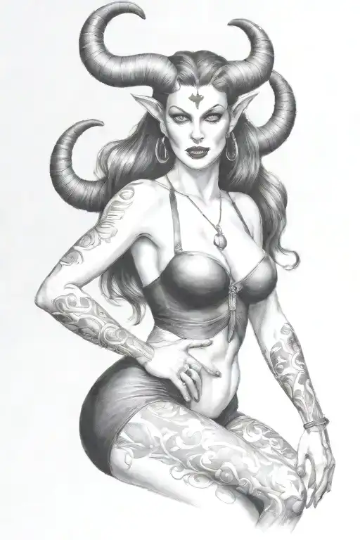 succubus, large breasted, attractive woman, horns tattoo design idea