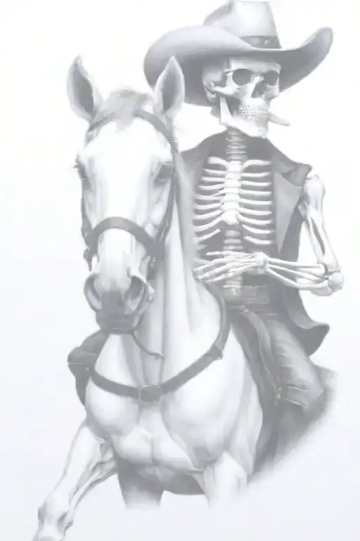 skeleton cowboy, skeleton horse, detailed tattoo design idea