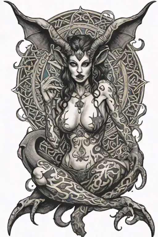 succubus, full body, tattooed, large breasted, attractive woman, large twisted horns, demoness, seductive, detailed tattoo design idea