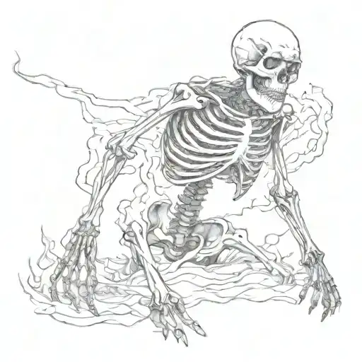 Skeleton suffering burning in hell, dark, scary, torture tattoo design idea