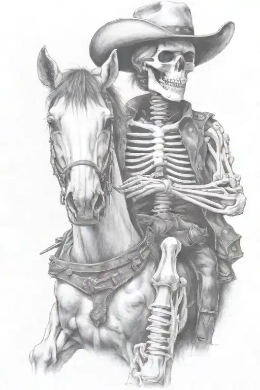 skeleton cowboy, skeleton horse, detailed tattoo design idea