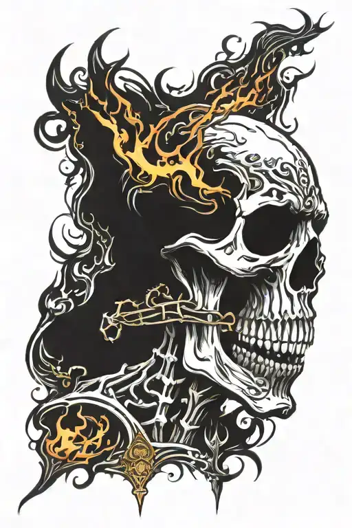 screaming skeleton on fire tattoo design idea